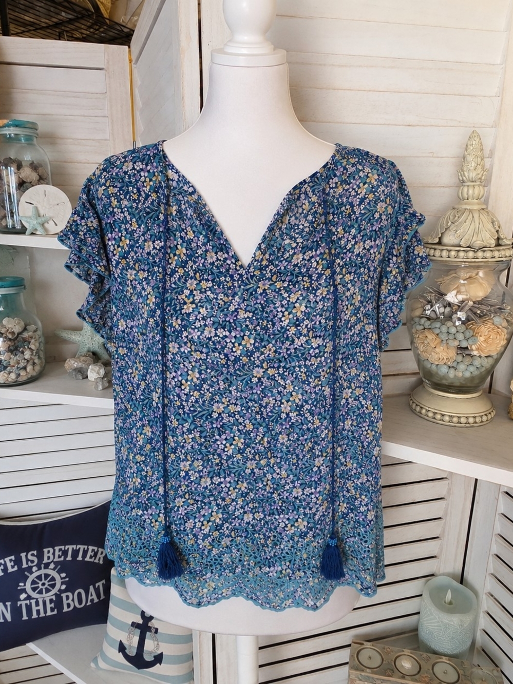 Solitaire Blue Floral Tassel Split-Neck Blouse